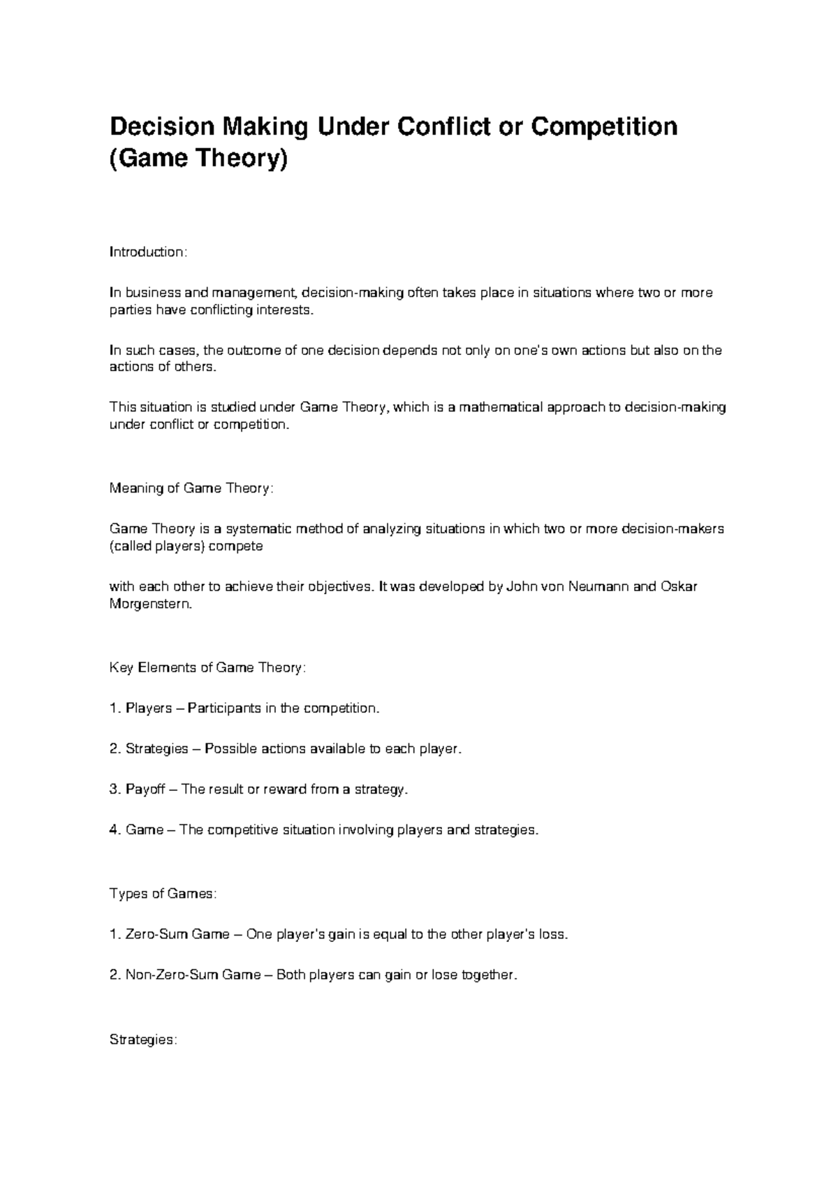 Game Theory in Decision Making Under Conflict: Assignment Overview ...