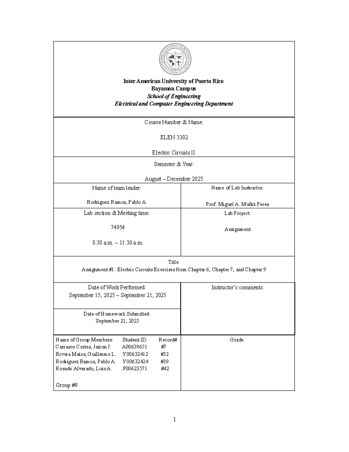 Assignment on Electric Circuits: Exercises from Chapters 6, 7, and 9 ...