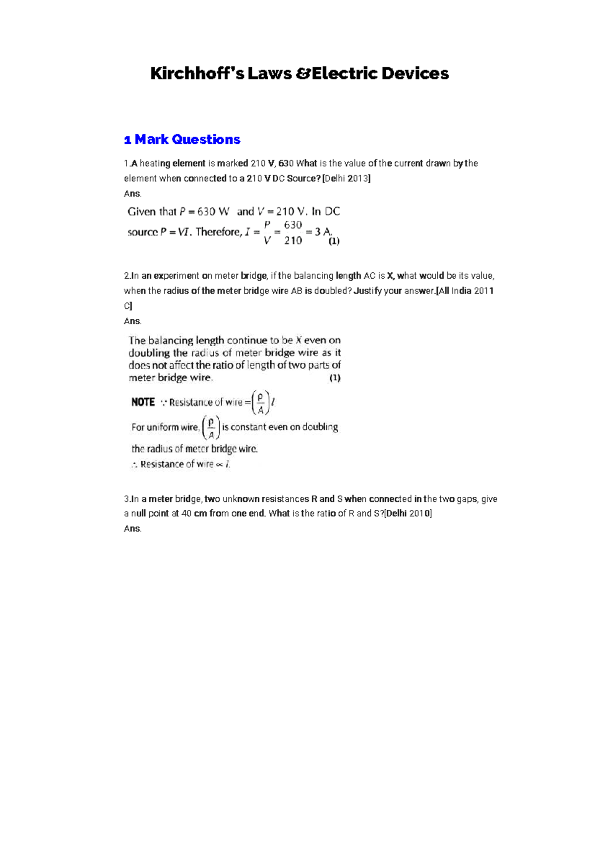 Chapter 3: Current Electricity - 1 Mark & 3 Marks Questions - Studocu