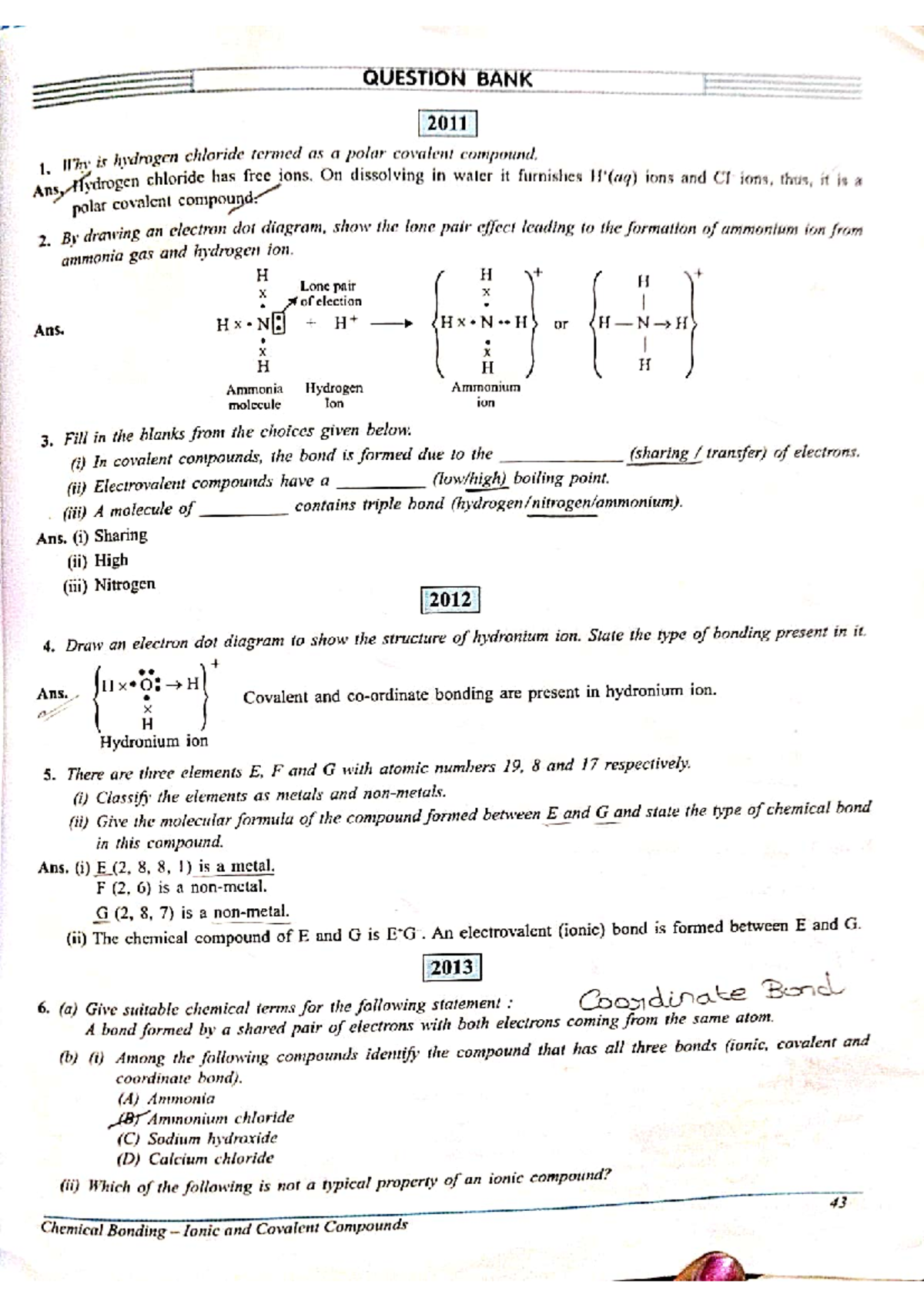 I.C.S.E. Chemistry Question Bank 2011: Chemical Bonding Concepts - Studocu