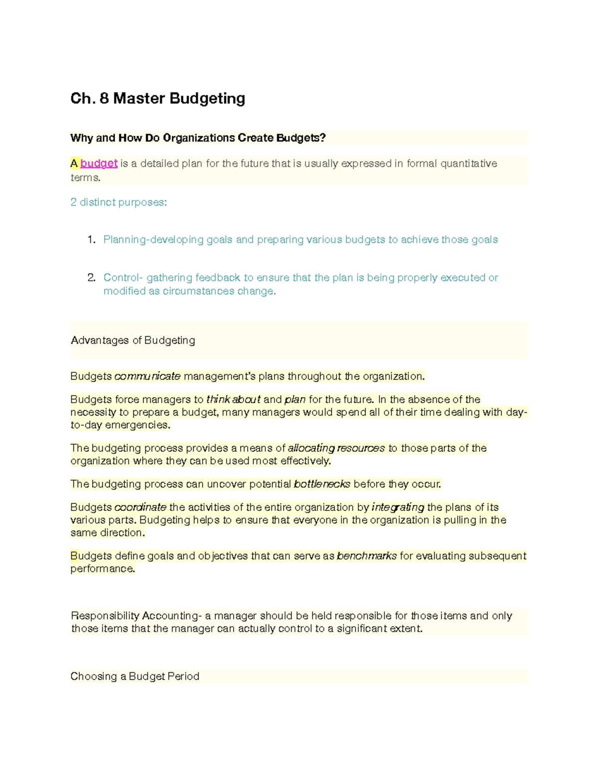 ACC Ch. 8 Master Budgeting - Ch. 8 Master Budgeting Why and How Do ...