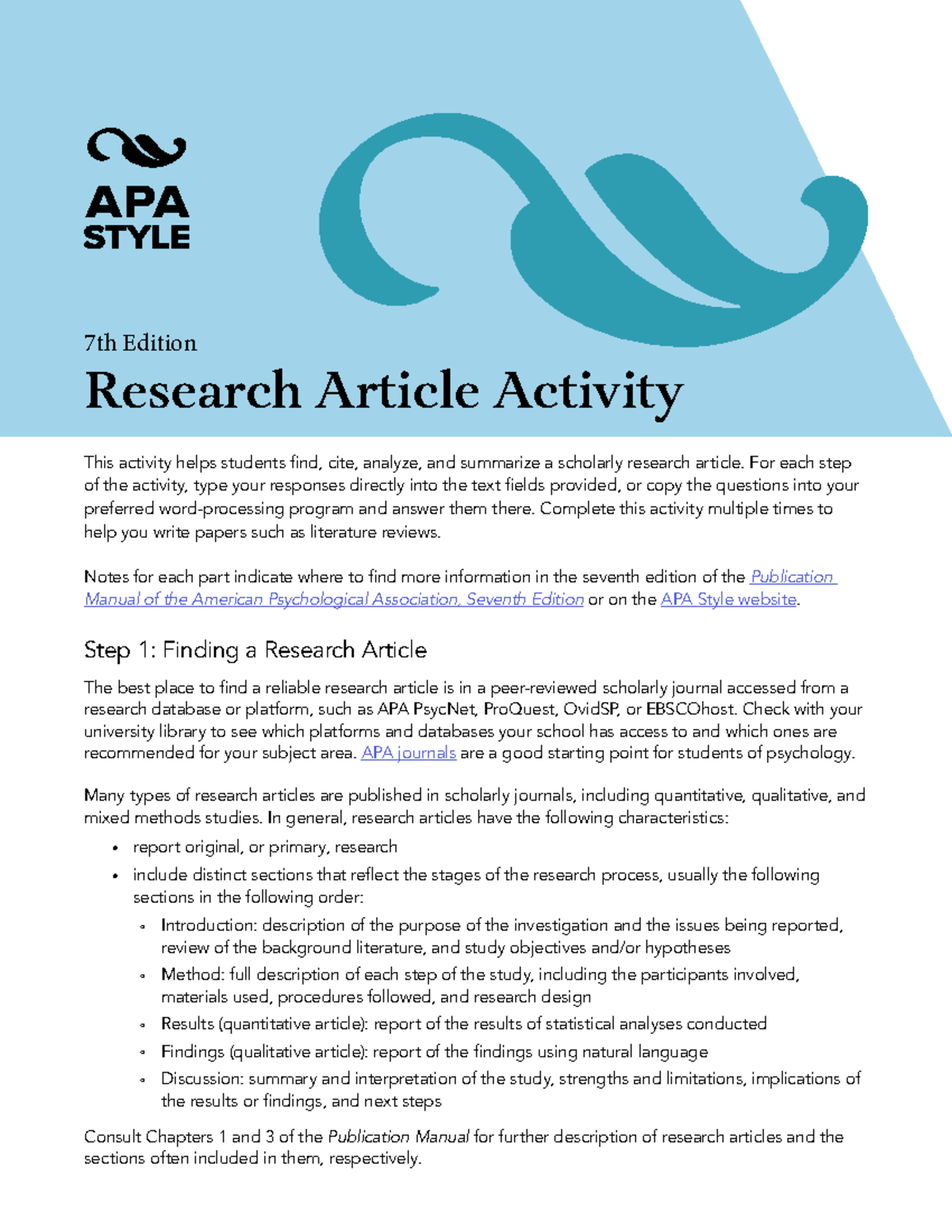 APA 7th Edition Research Article Activity Guide - Studocu