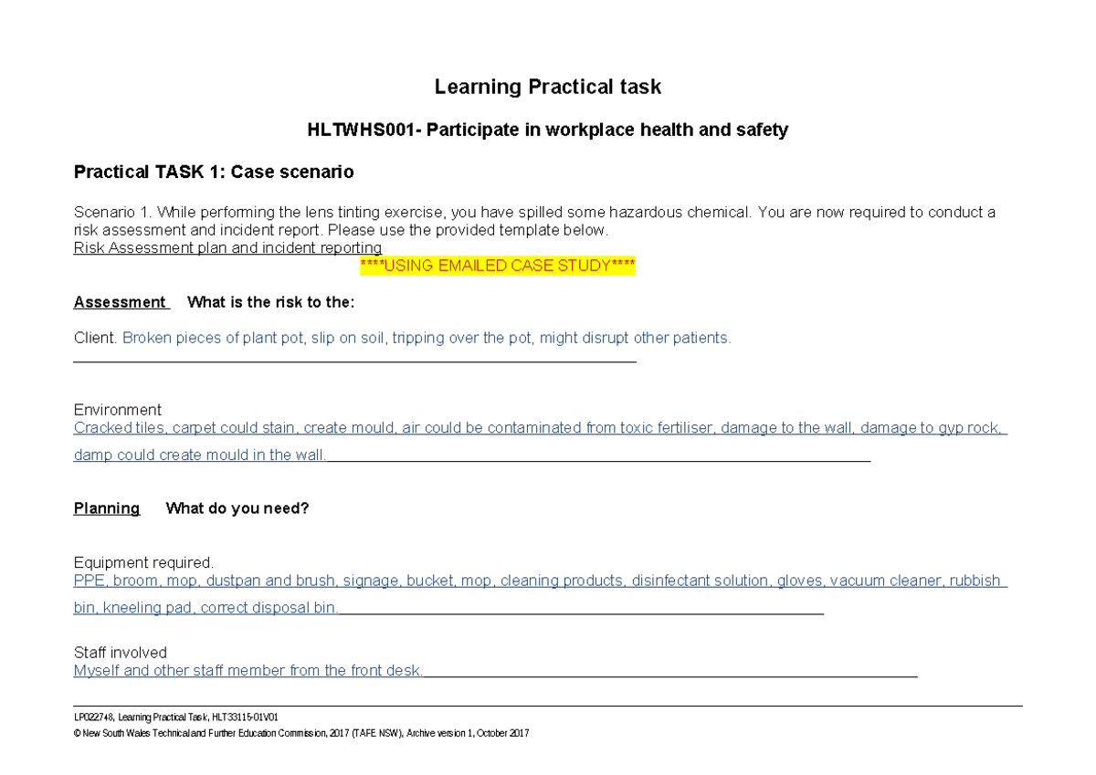 Practical HLTWHS001 - TAFE Assessment: Risk Assessment & Incident ...