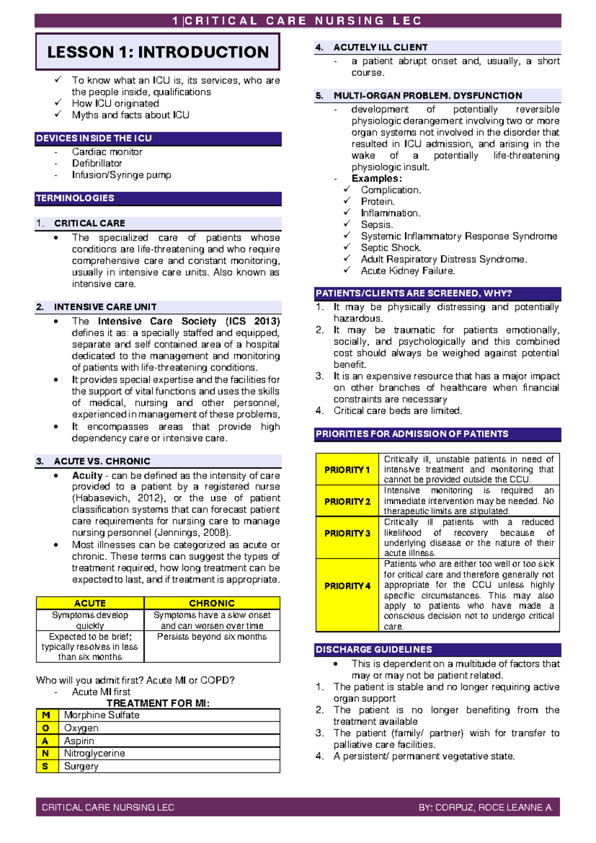 CCN-1: Critical Care Nursing Lecture 1 - Introduction to ICU and Care Standards - Document Preview