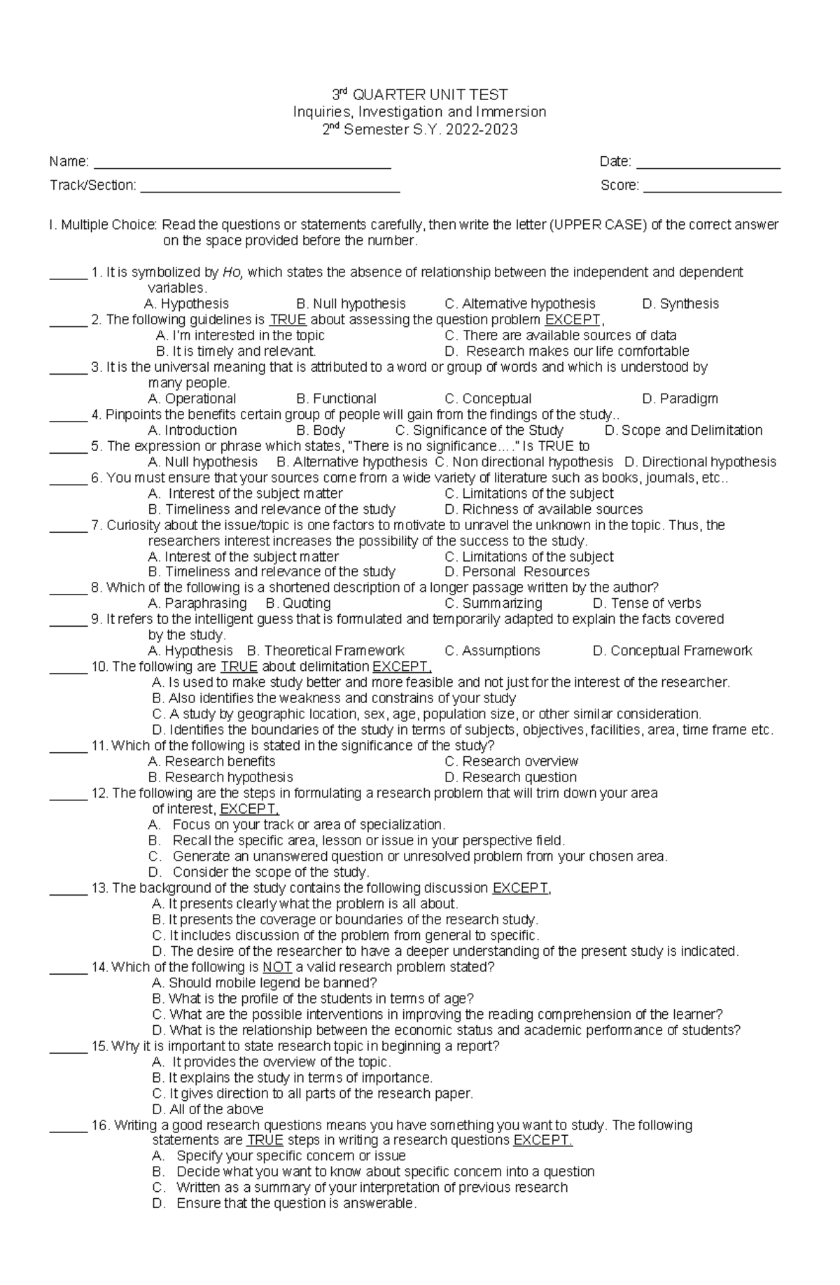 3I - Pre-Test on Inquiries, Investigation & Immersion Quiz - Studocu