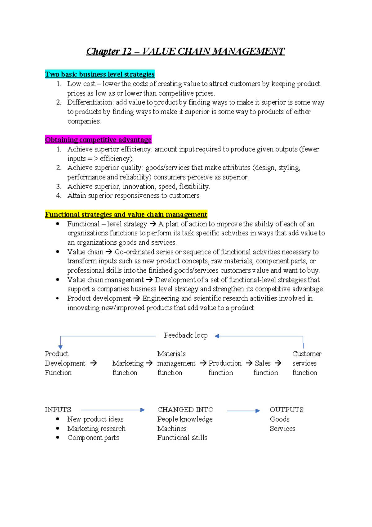Chapter 12 Notes: Understanding Value Chain Management Strategies - Studocu