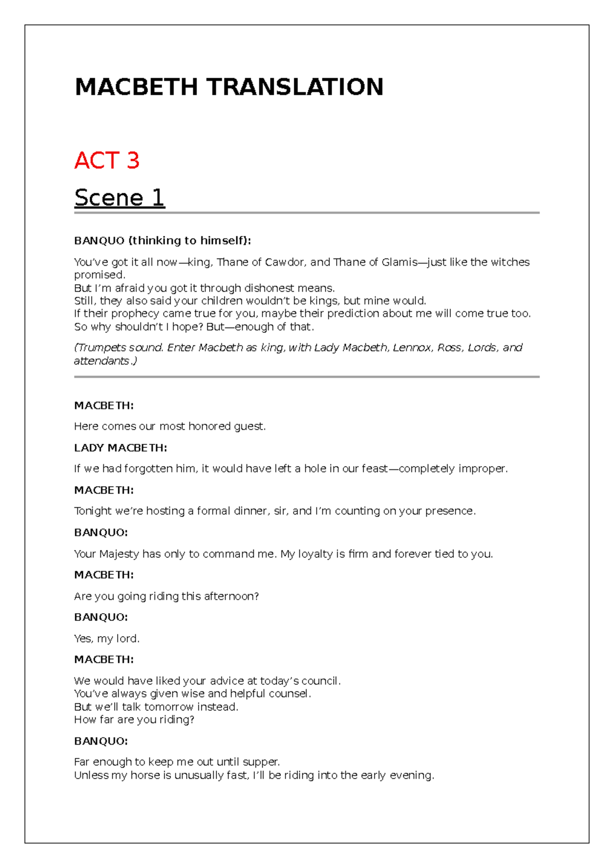 MACBETH TRANSLATION ACT 3 SCENE 1-4 ANALYSIS AND NOTES - Studocu