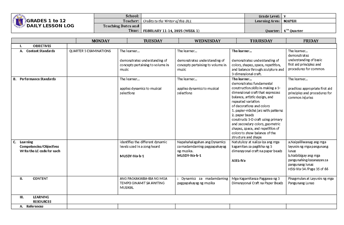 Grade 5 MAPEH DLL Q4 Week 1 Daily Lesson Log - Studocu