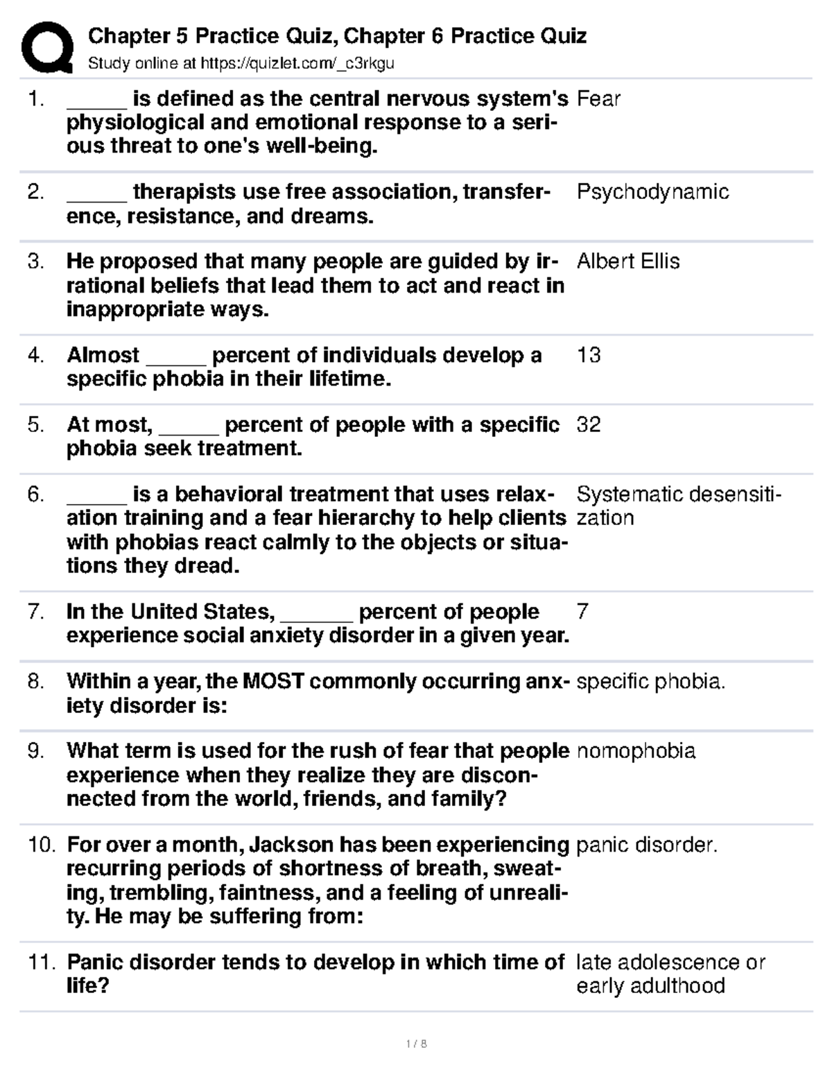 CPSY 101 Chapter 5 & 6 Practice Quiz on Anxiety Disorders - Studocu