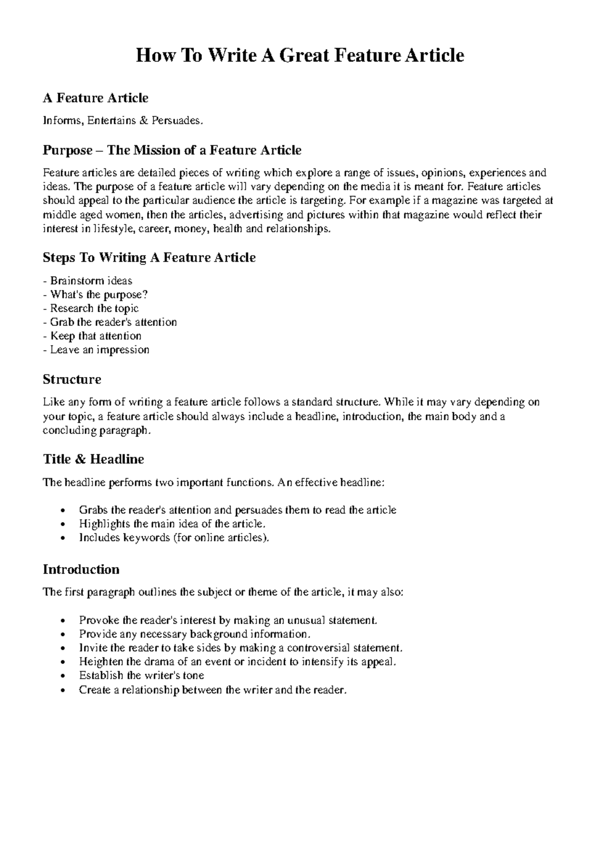 How to Write a Feature Article: Tips and Structure Guide - Studocu