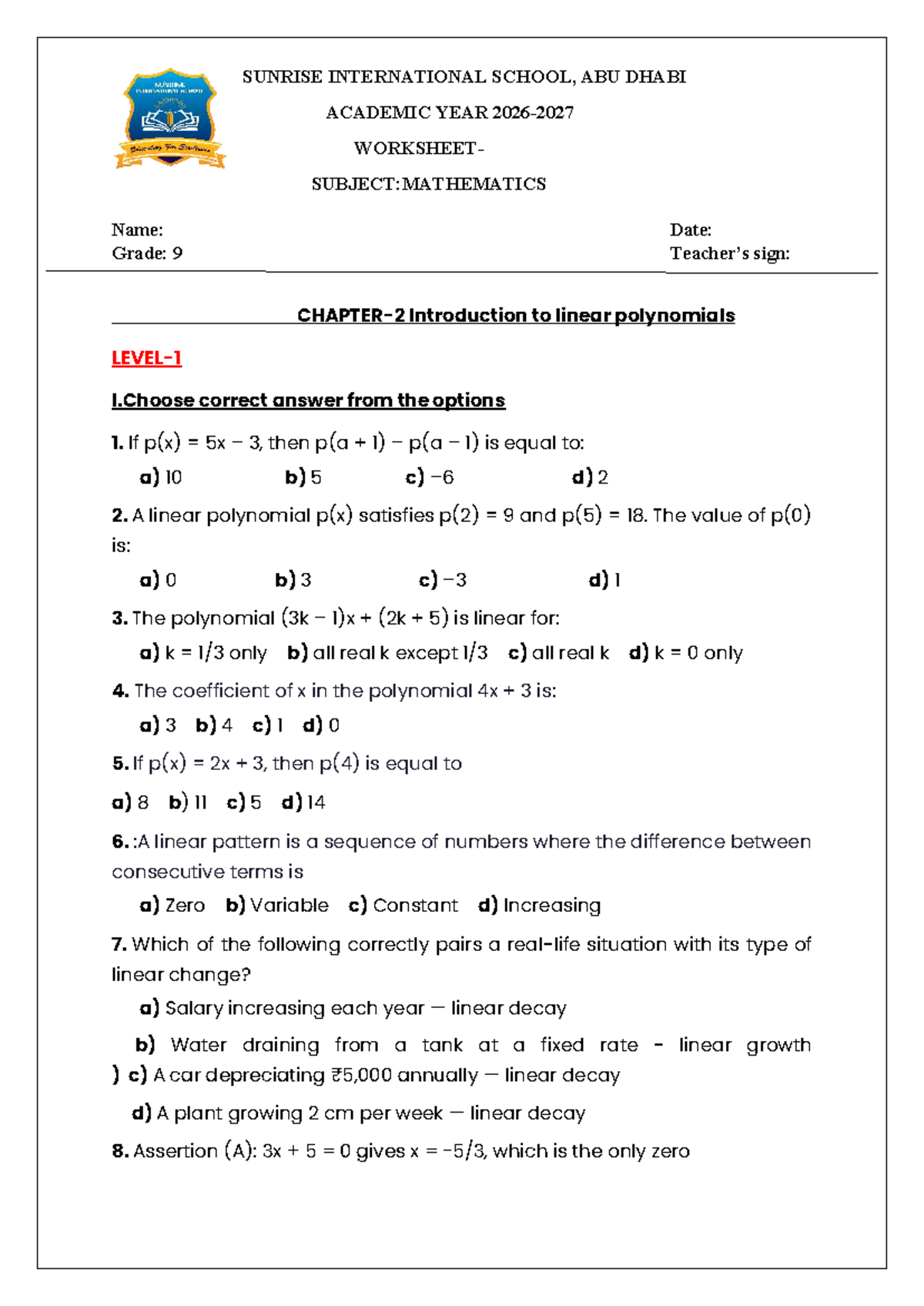 CH-2 Linear Polynomials Worksheet for Grade 9 Mathematics - Studocu