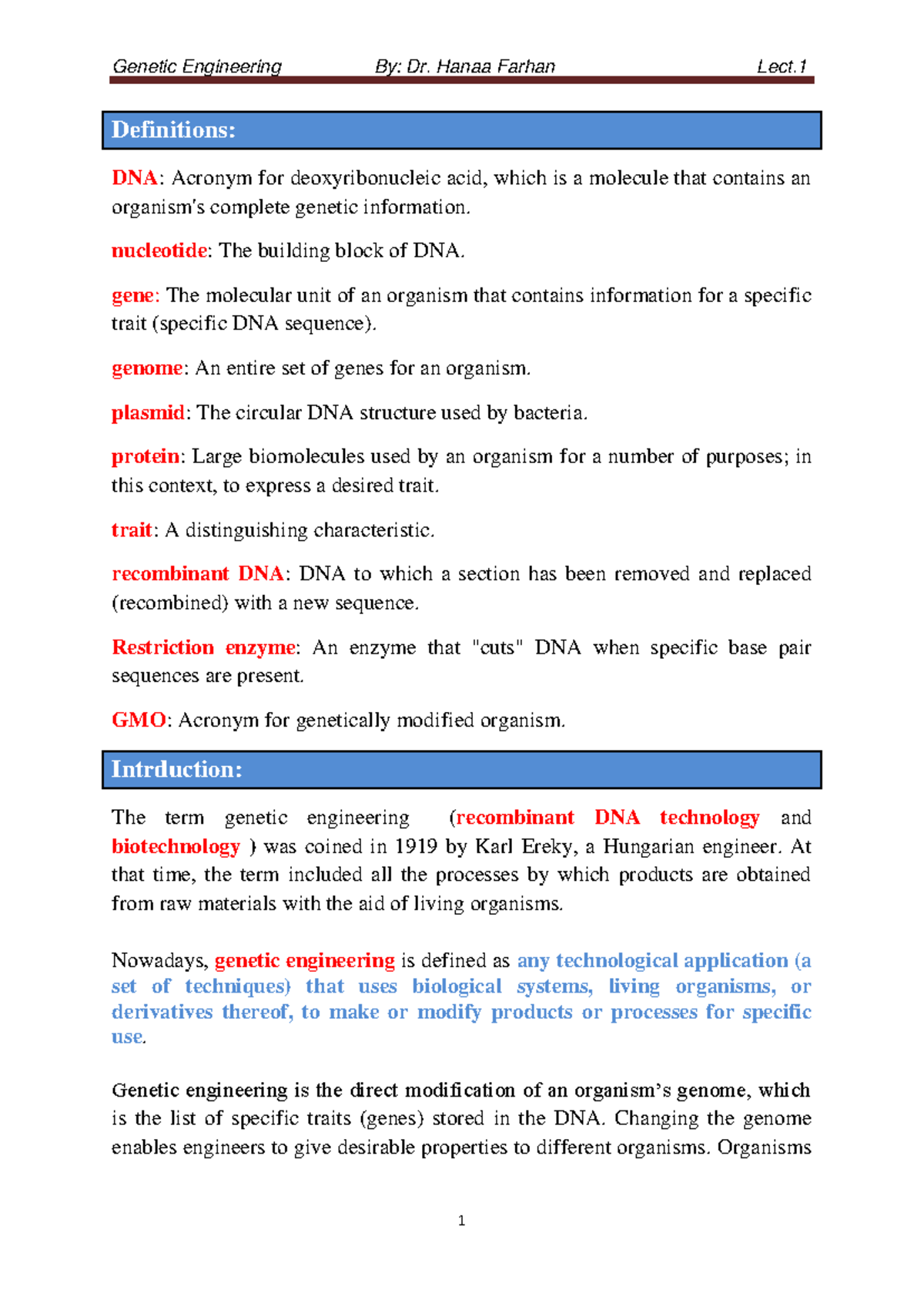 Genetic Engineering: Lecture 1 - Key Concepts and Historical Events ...