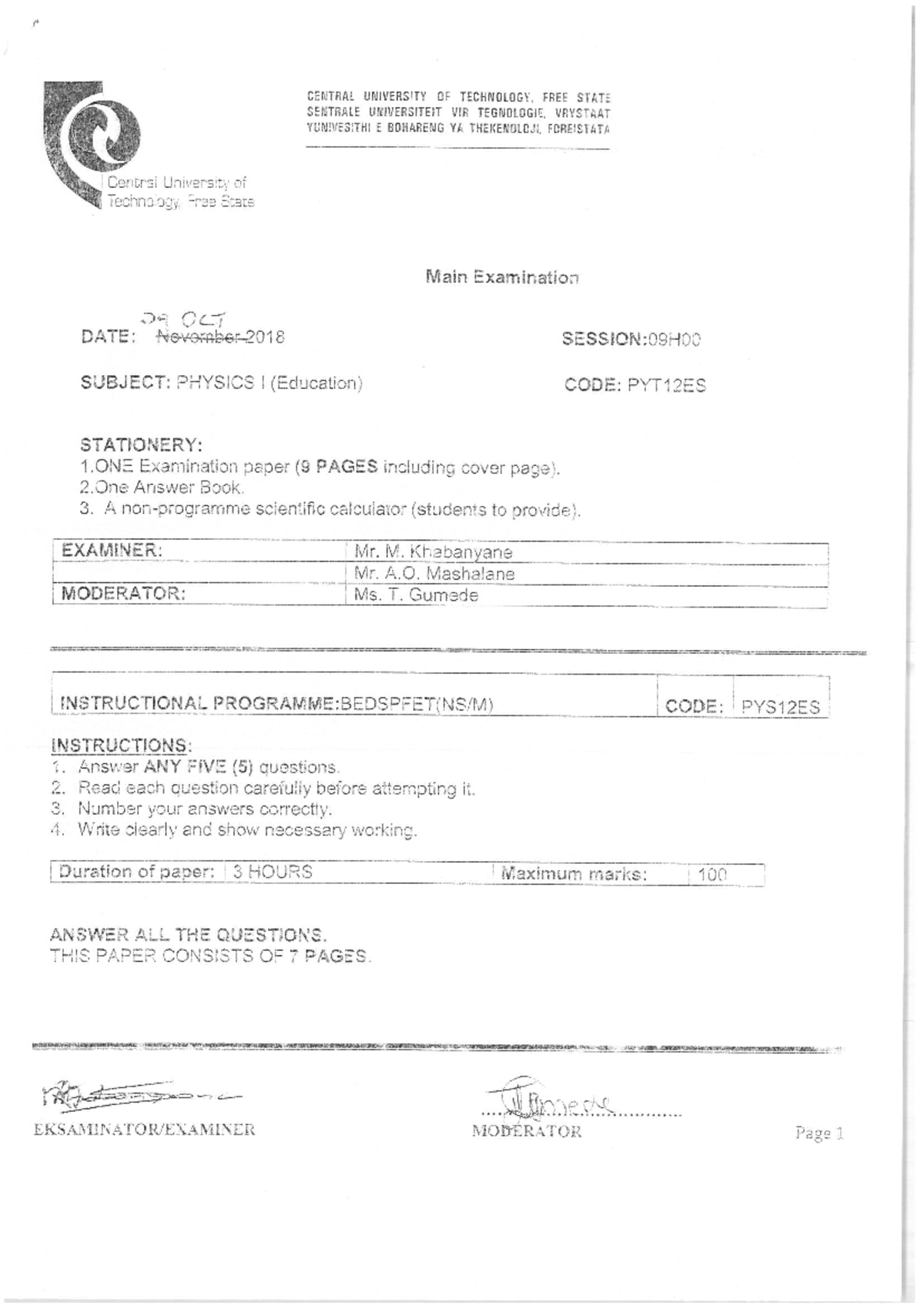 PYT12ES Physics I Final Exam Paper - November 2018 - Studocu