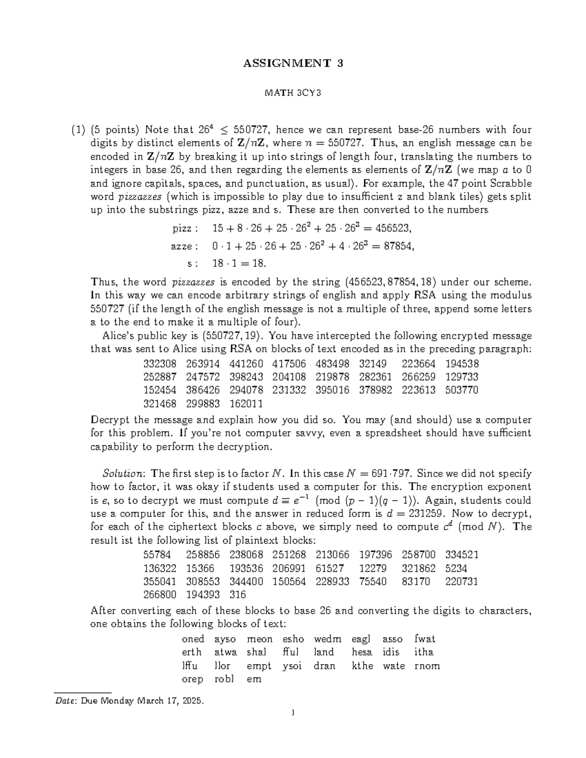 3CY3 Assignment 3 Solutions: RSA Decryption & Primality Tests - Studocu