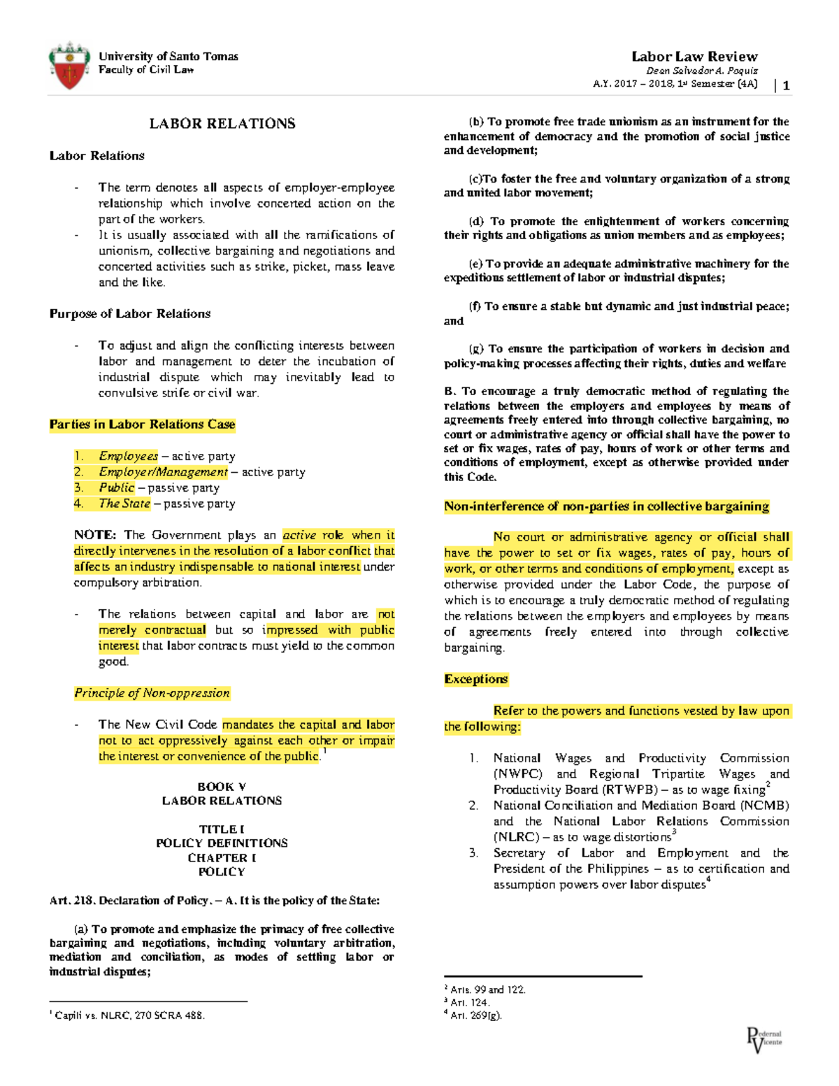 Labor Relations Notes UST - A.Y. 2017-2018, 1st Sem (4A) - Studocu