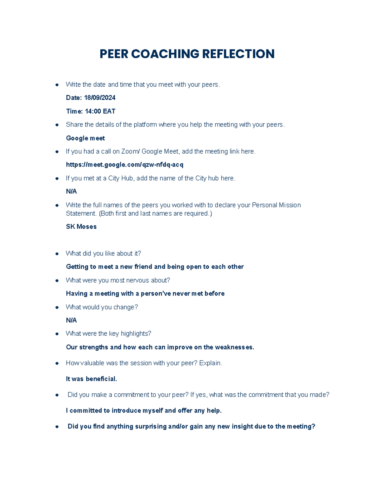 PEER COACHING REFLECTION: Insights & Commitments - Studocu