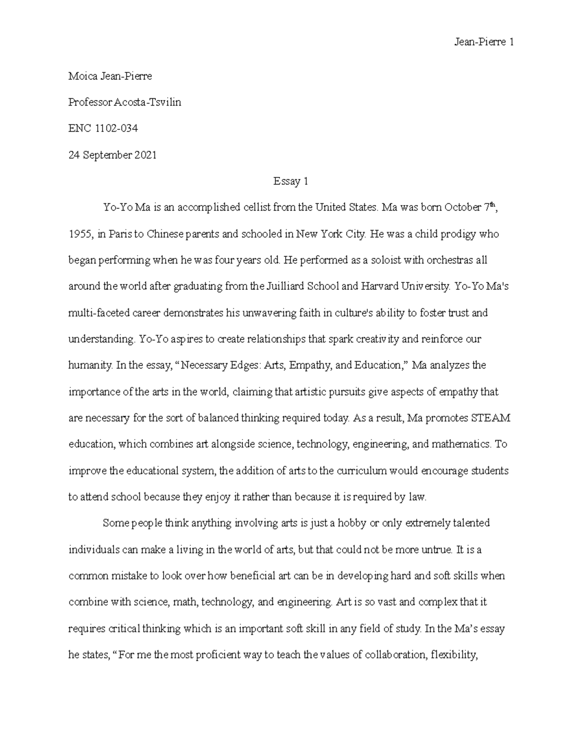 ENC 1102 Essay 1 - The Importance of Arts in Education: A Study on 