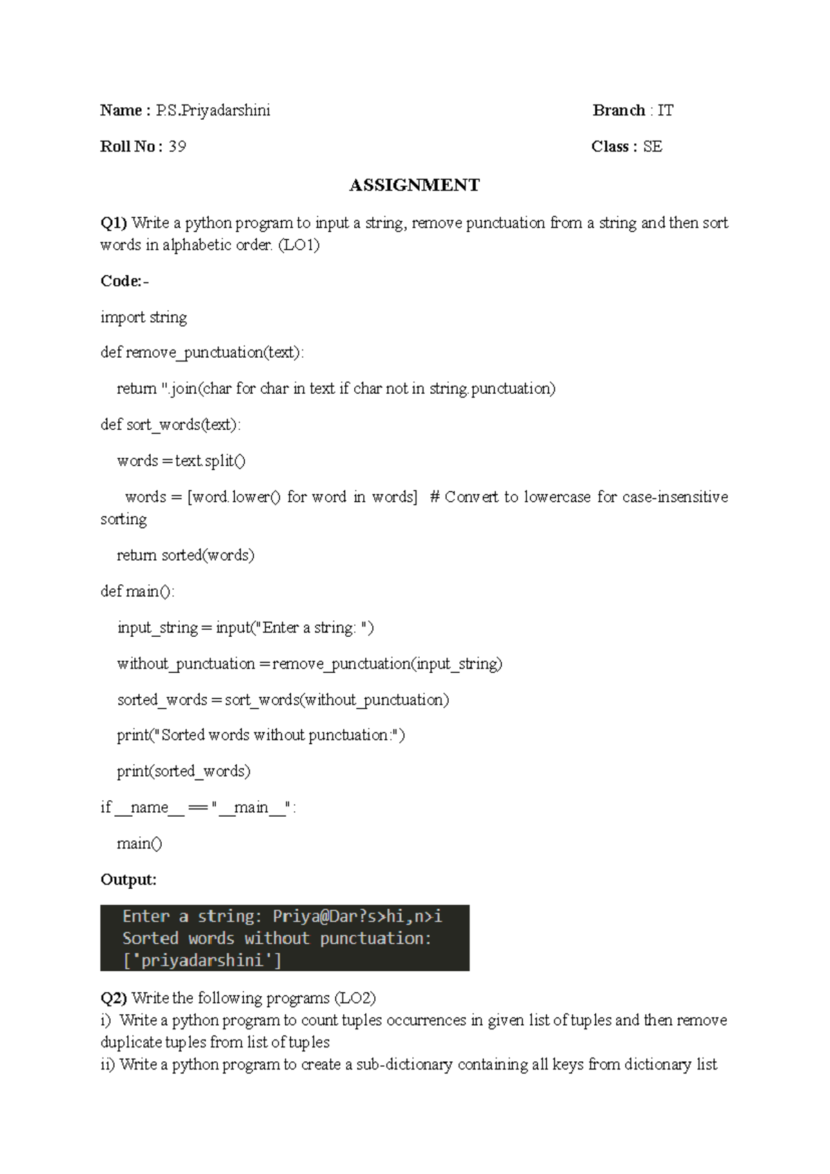 Python Assignment with Solutions for SE IT Students (Course Code: SE ...