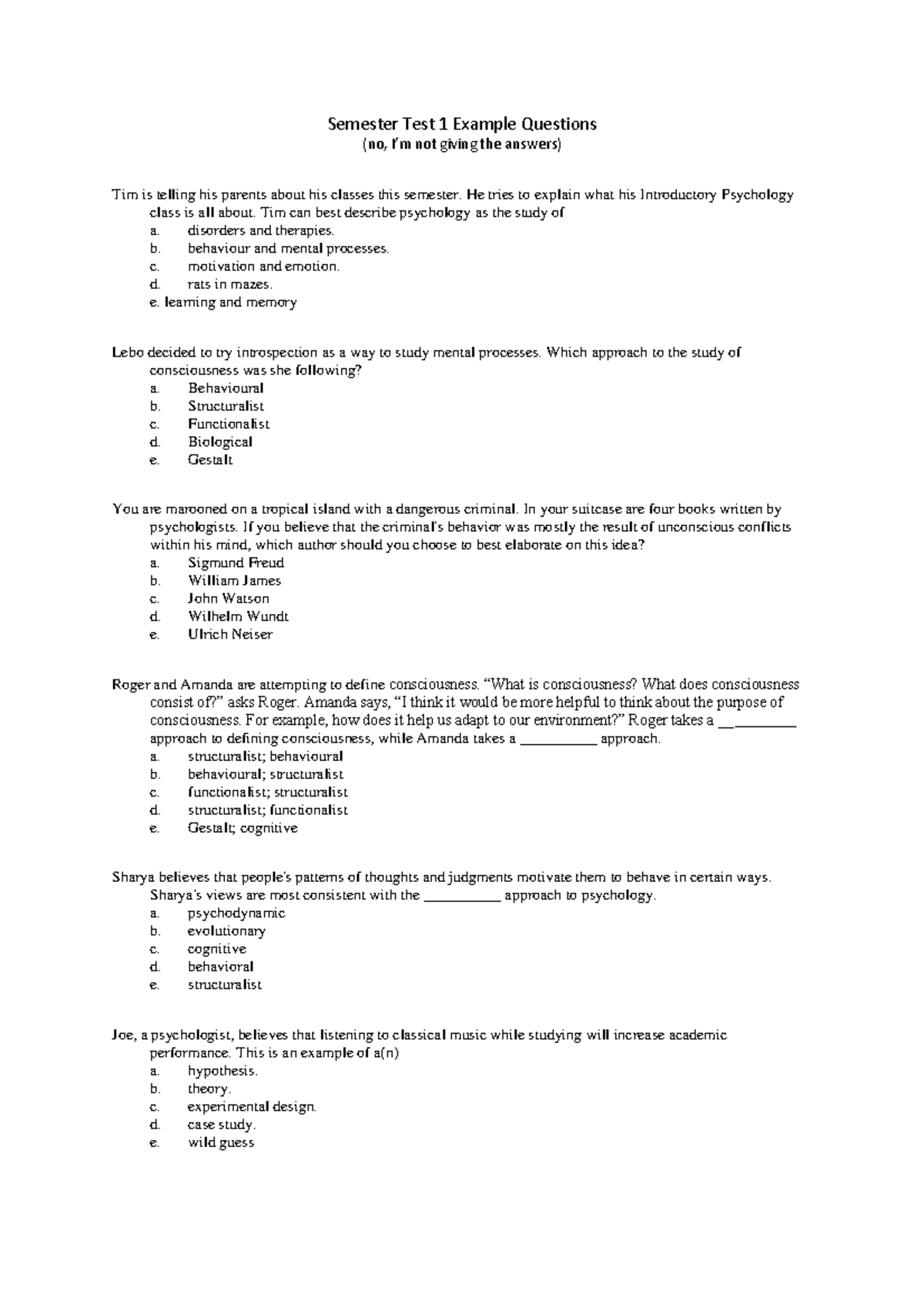 Semester Test 1 Example Questions - Semester Test 1 Example Questions ...