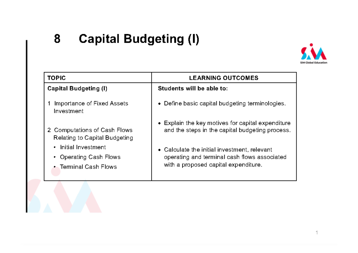 FIN2101 Lecture 8 slides updated - 8 Capital Budgeting (I) TOPIC ...