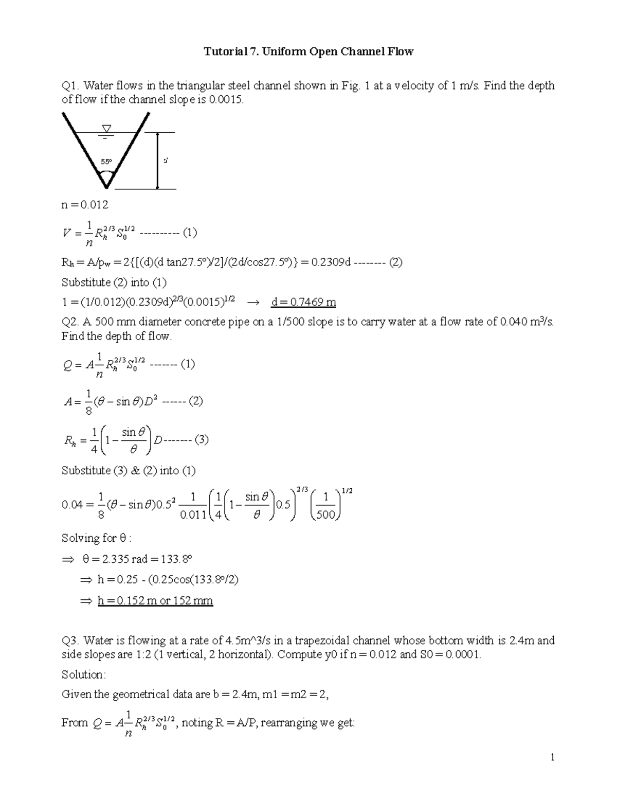 Tutorial 7 Solutions: Uniform Open Channel Flow Analysis - Studocu