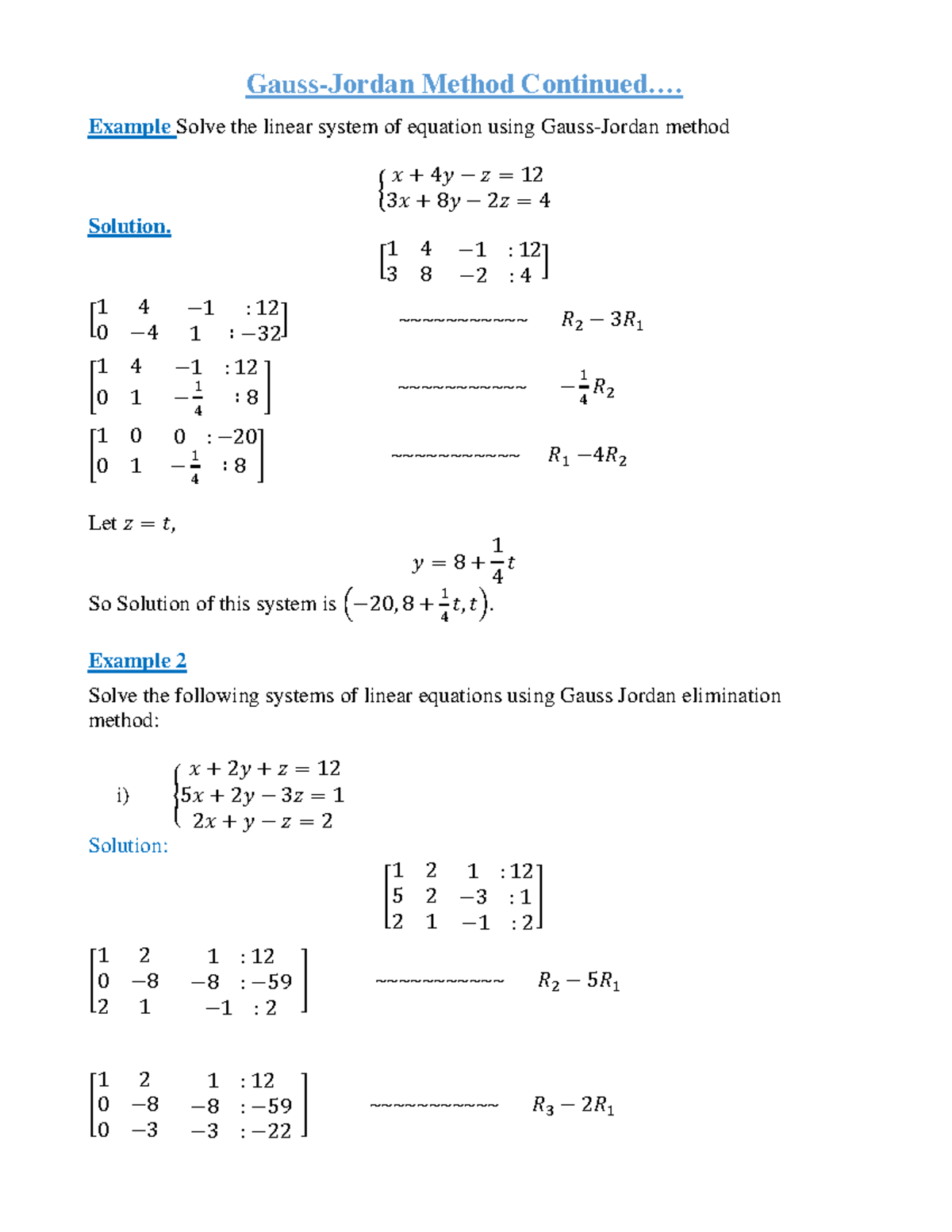 Gauss-Jordan Method Continued: Solving Linear Systems Examples - Studocu