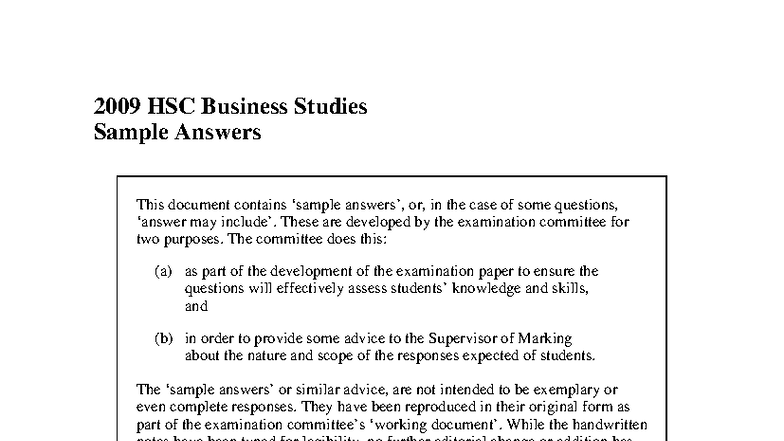 Business Studies 2009 HSC - Sample Exam Answers - Studocu