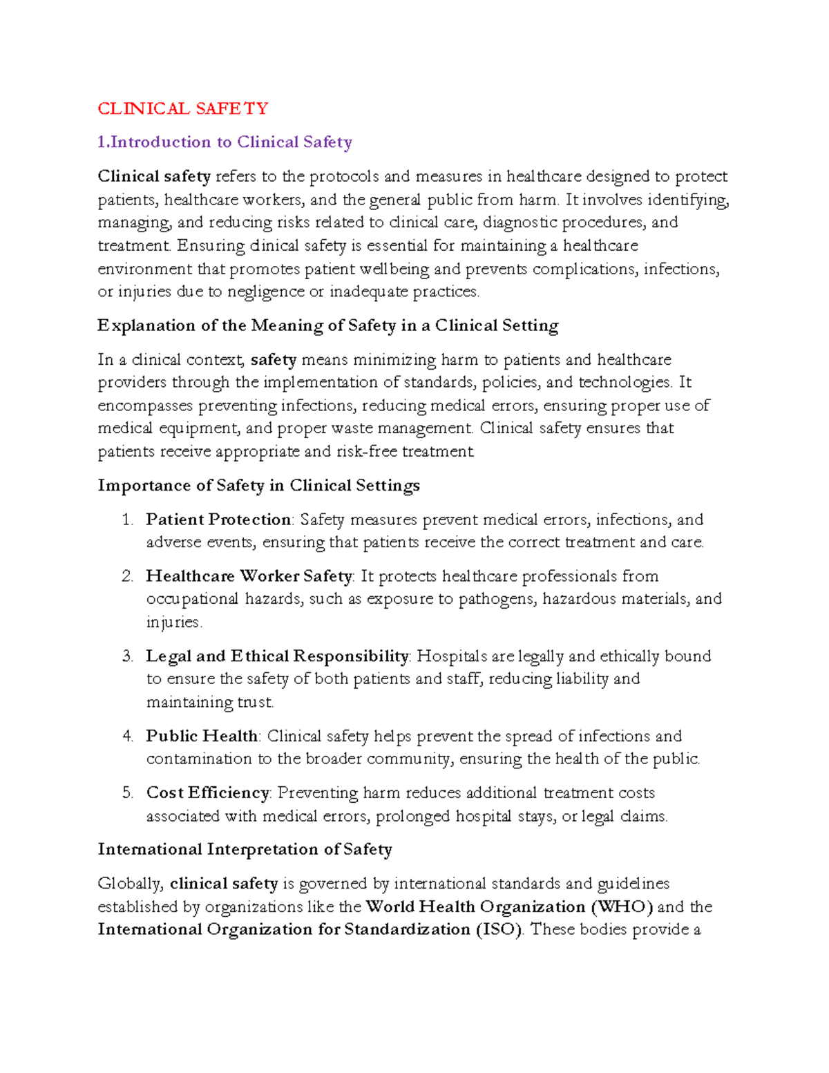 CLINICAL SAFETY: Comprehensive Overview and Key Protocols - Studocu