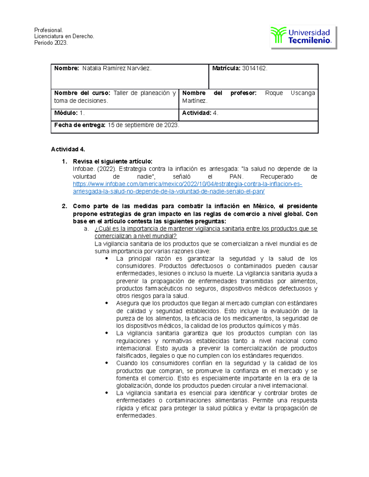 Actividad 4 - Taller de planeación y toma de decisiones - Nombre ...