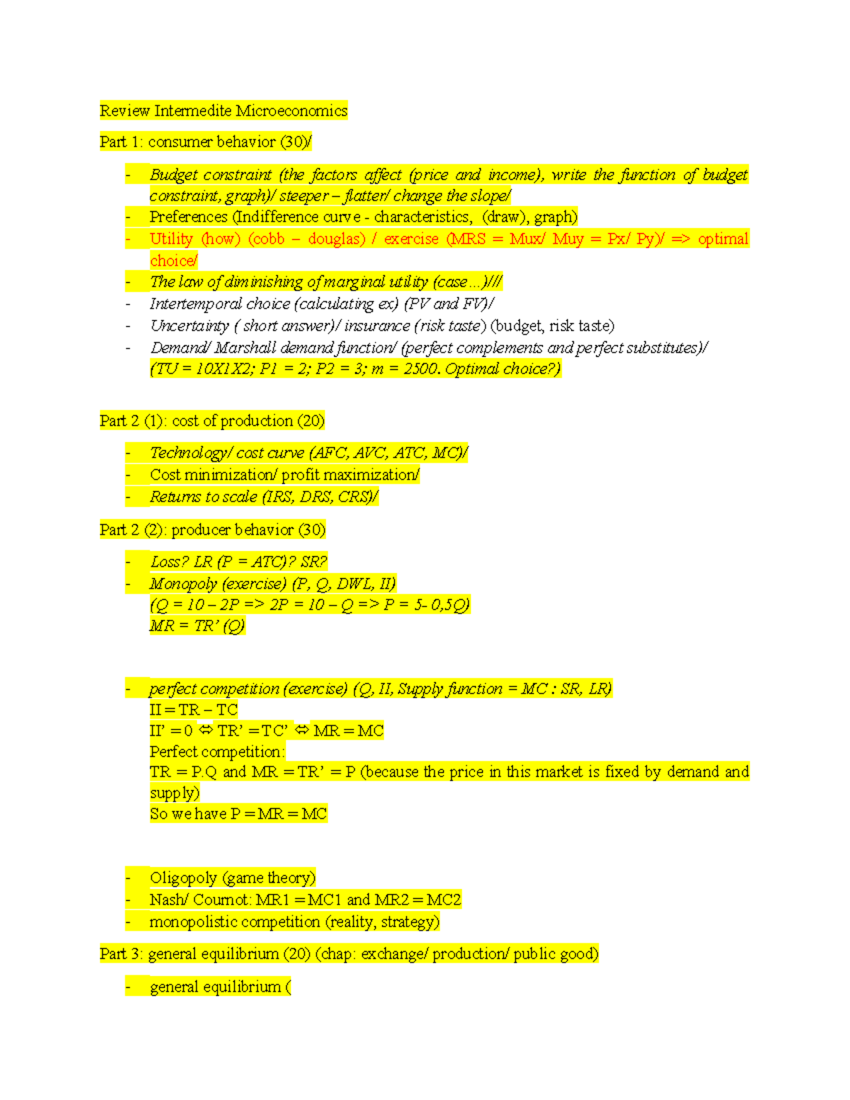 Review Intermediate Microeconomics: Consumer Behavior & Production ...