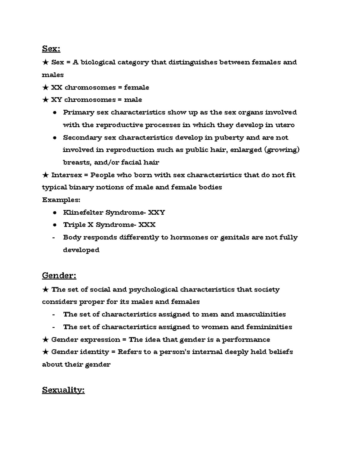 Sex, Sexuality, and Gender Notes - Sex: ★ Sex = A biological category ...