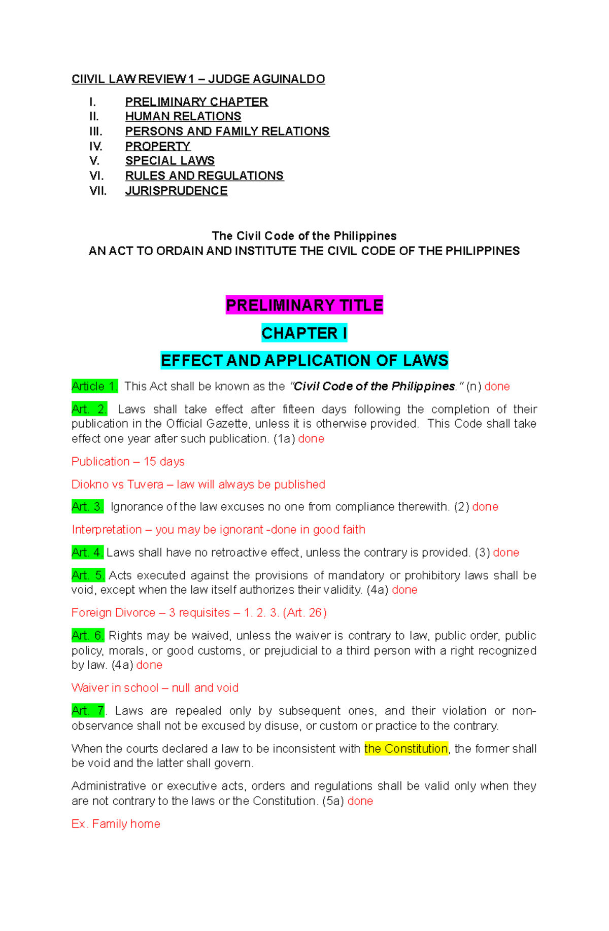 Civil Law Review 1: Key Concepts and Jurisprudence Notes - Studocu