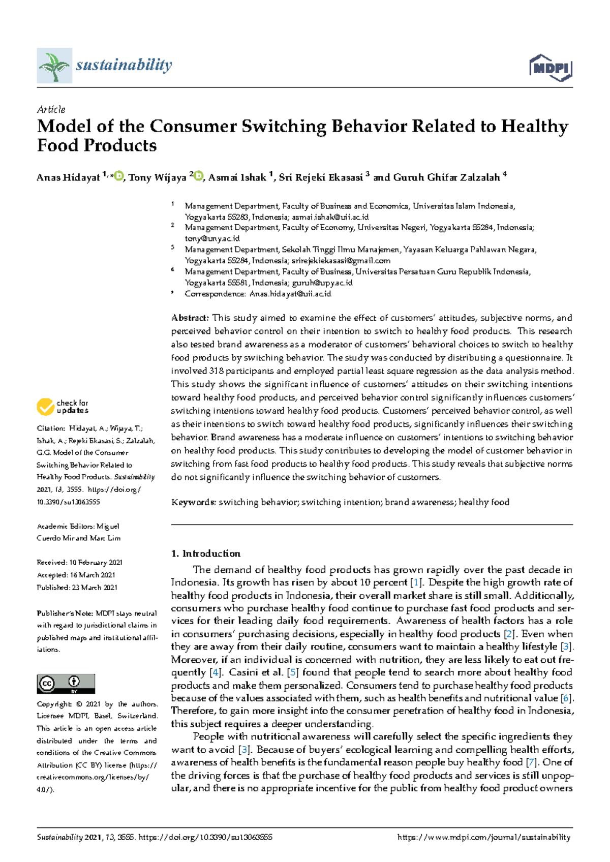 Modeling Consumer Switching Behavior to Healthy Food Products: Insights ...