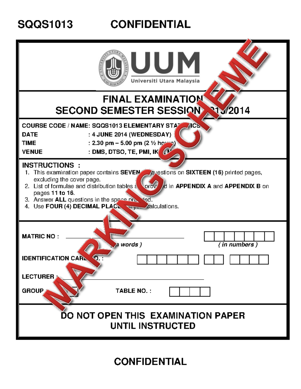 SQQS1013 Final Exam Solutions - Elementary Statistics 2013 - Studocu