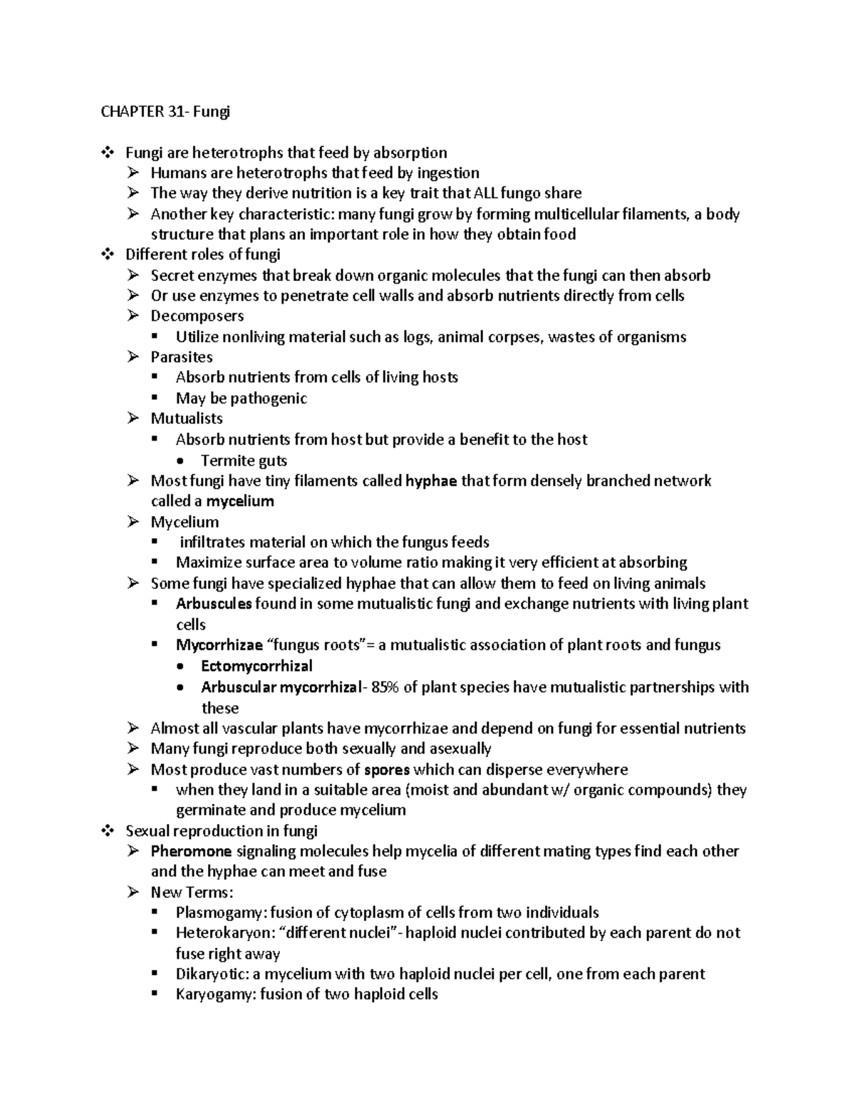 Chapter 31 Bio Notes - CHAPTER 31- Fungi v Fungi are heterotrophs that ...