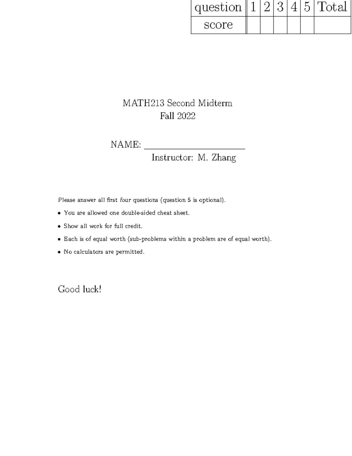 MATH 213 Midterm 2 Answers & Solutions - Fall 2022 - Studocu