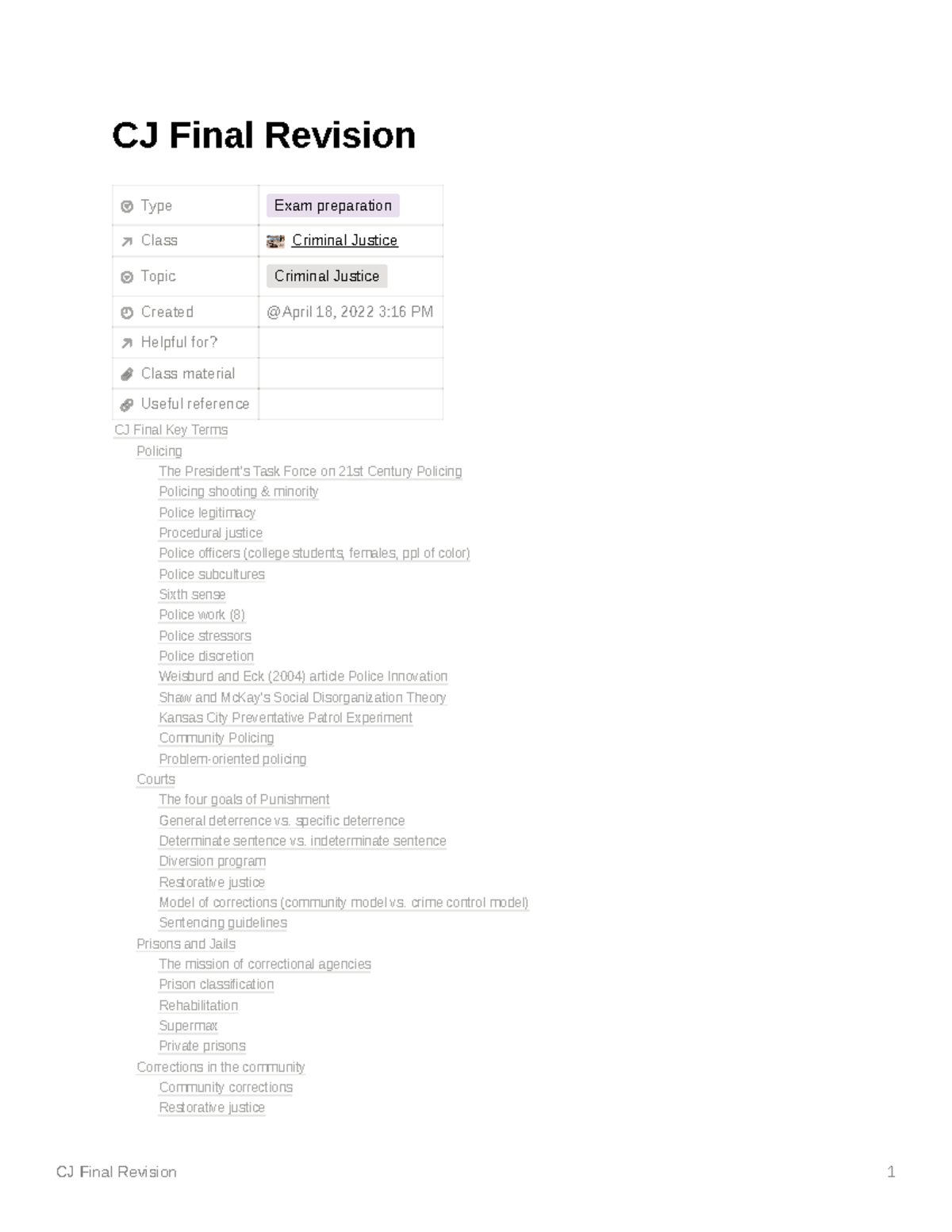 CJ Final Exam Key Terms Review for Criminal Justice Studies - Studocu