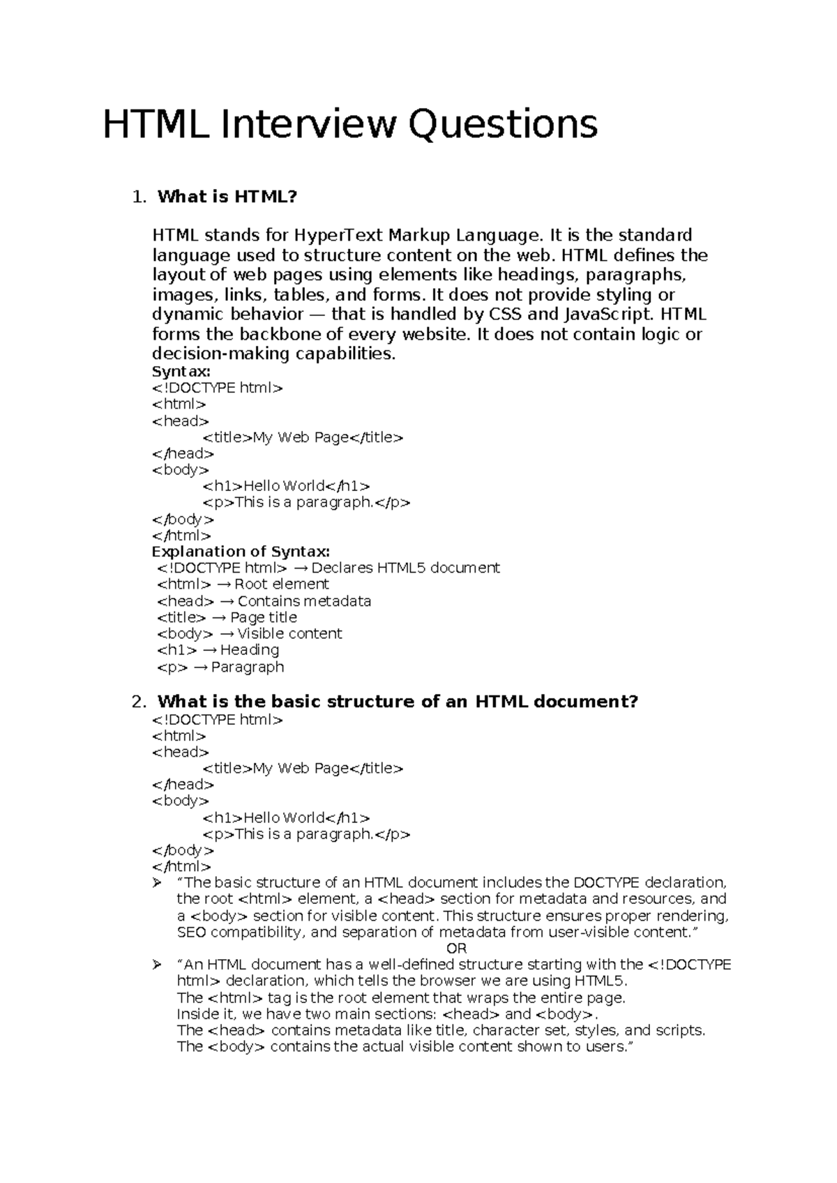HTML Interview Questions: Key Concepts and Structures - Studocu