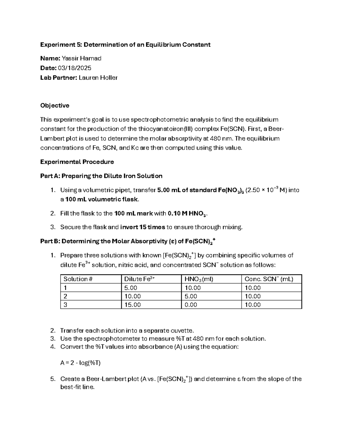 Experiment 5 Lab Report: Equilibrium Constant via Spectrophotometry ...