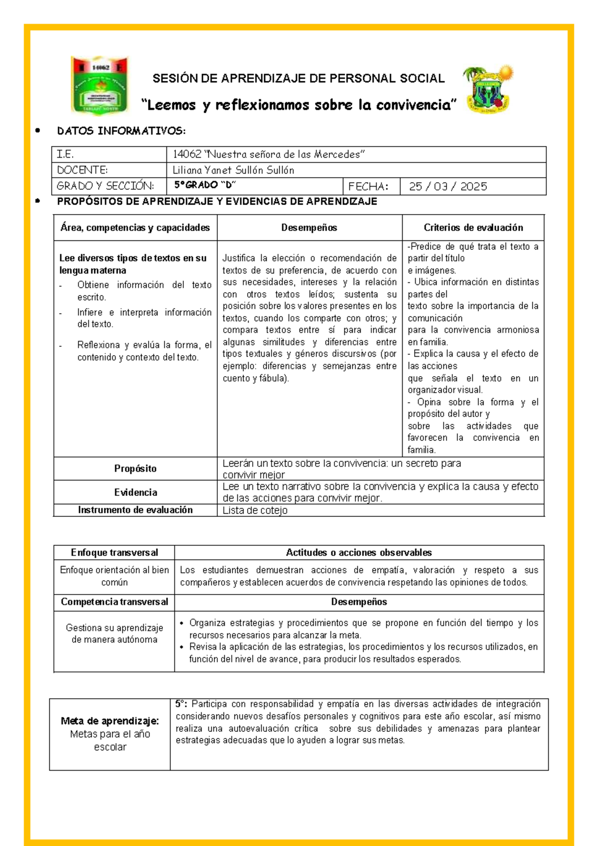 SESION DE APRENDIZAJE DE PERSONAL SOCIAL - I.E. 14062 - Studocu