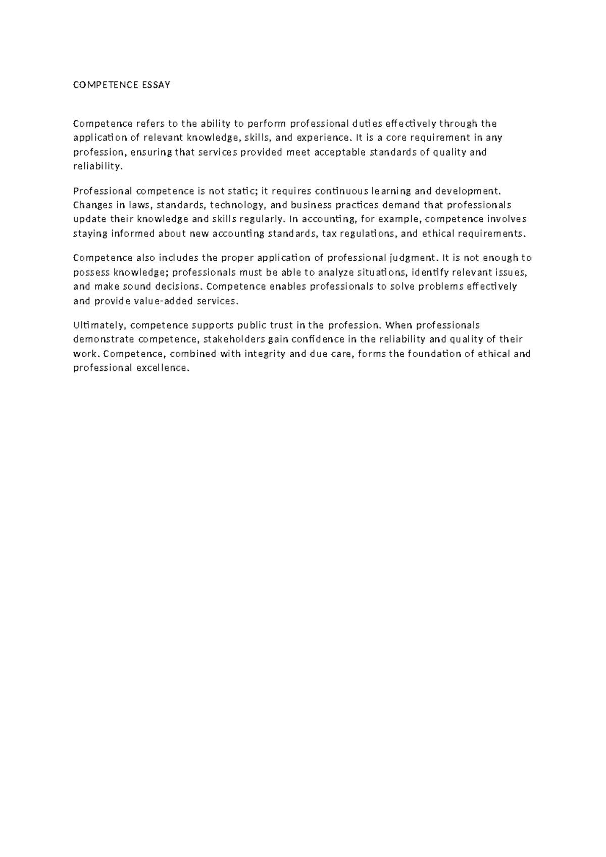COMP 101: Competence Essay on Professional Effectiveness - Studocu