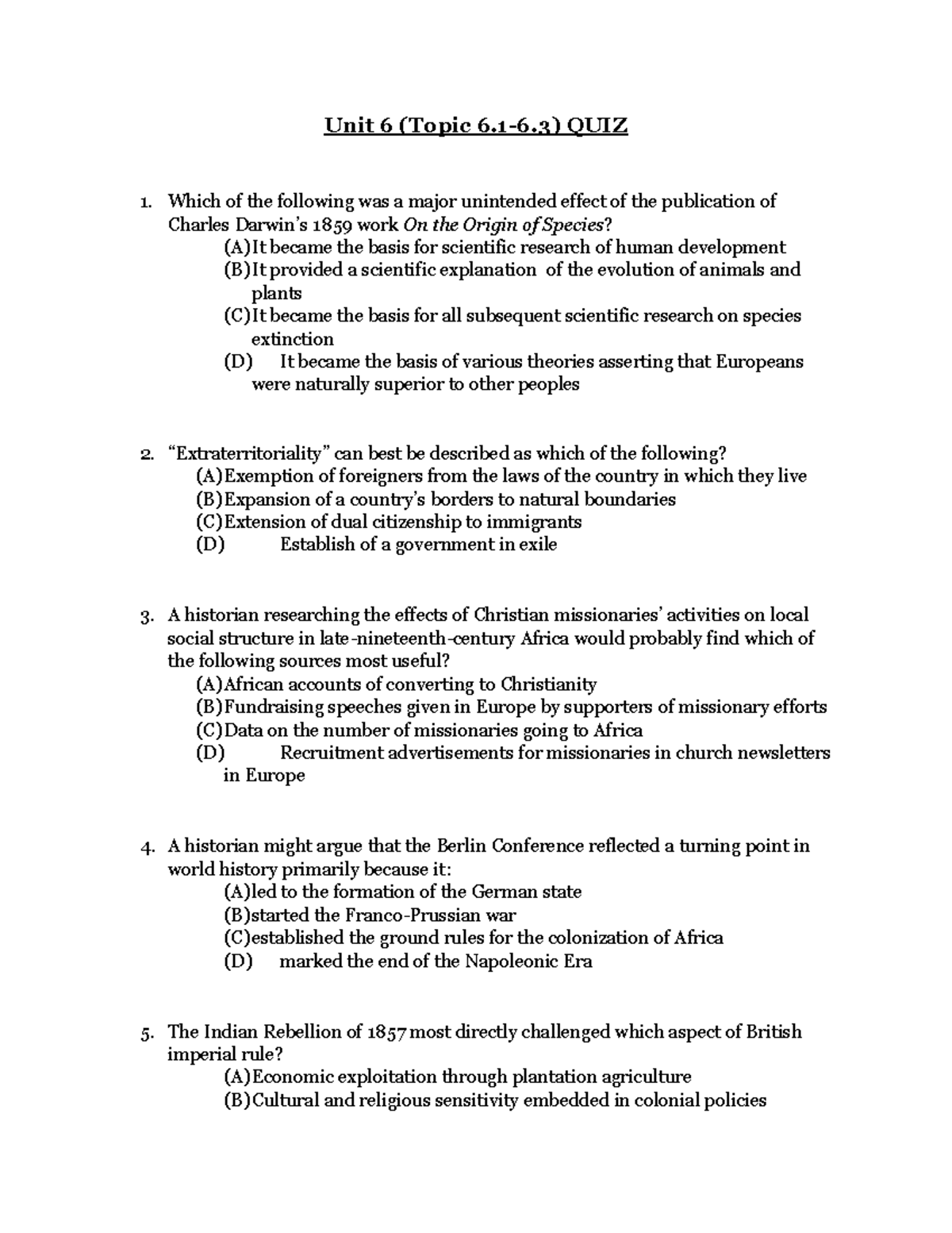 Unit 6 (Topic 6.1-6.3) Quiz Form B: Key Concepts & Questions - Studocu