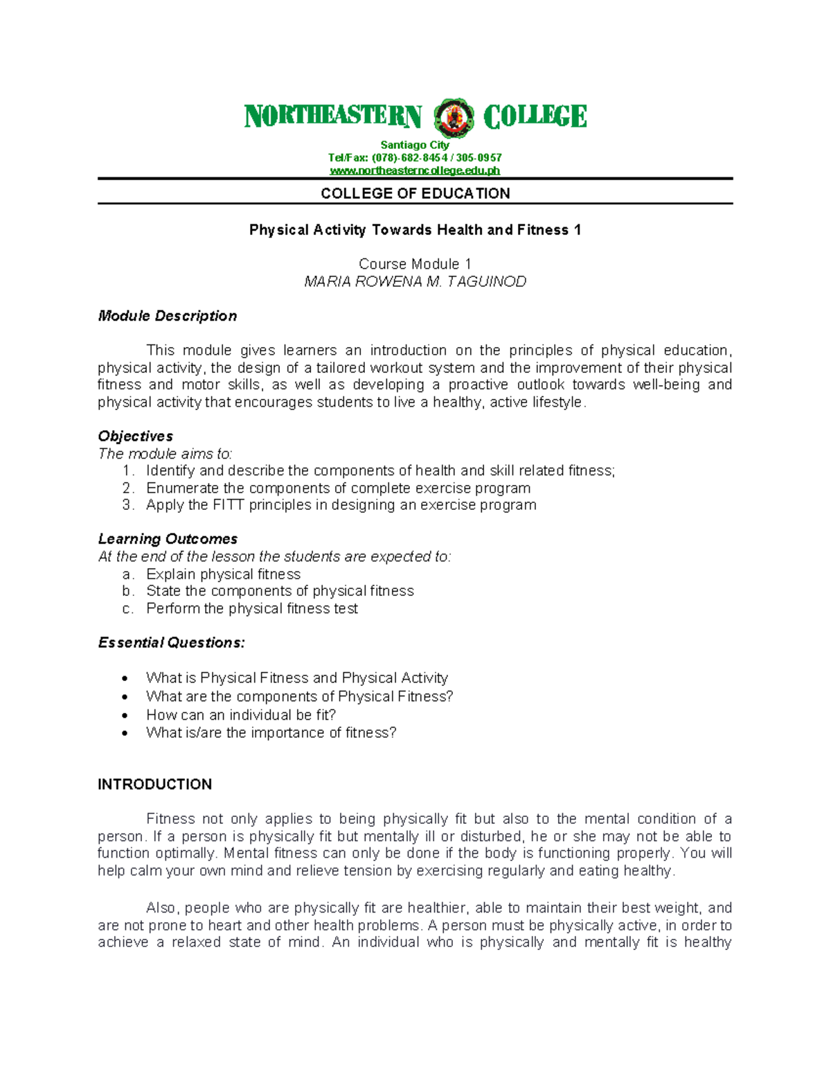 Physical Activity Towards Health and Fitness 1: Course Module 1 - Studocu