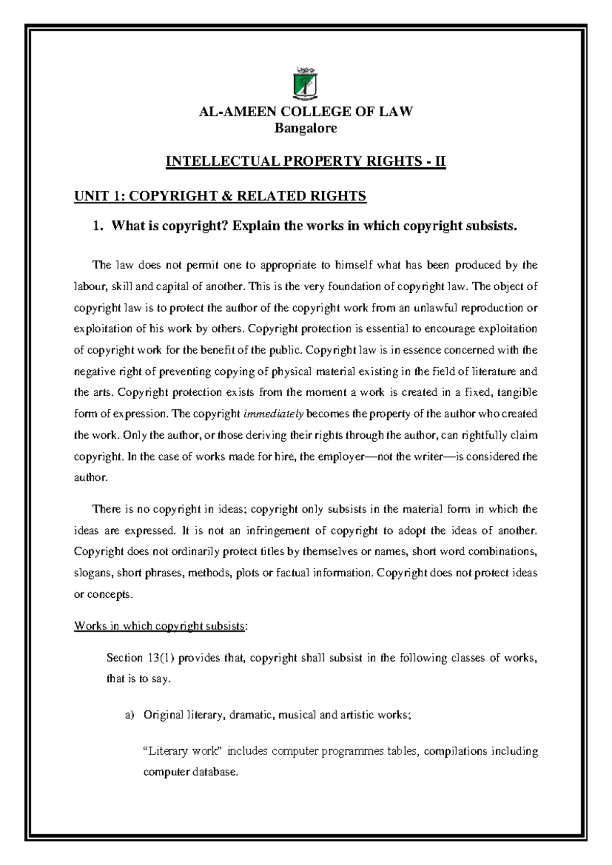 IPR 2: Comprehensive Notes on Copyright Law and Its Applications - Studocu