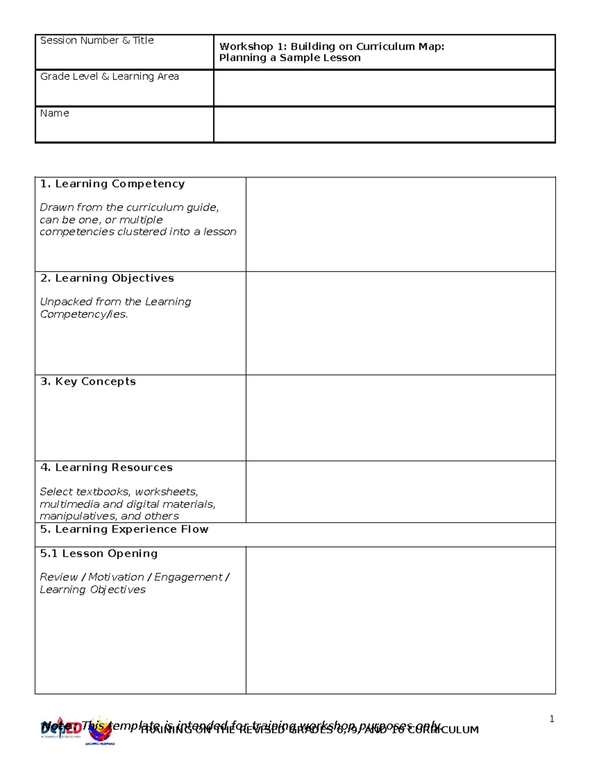 WS1: Sample Lesson Plan Template for Revised Curriculum Grades 6, 9 ...