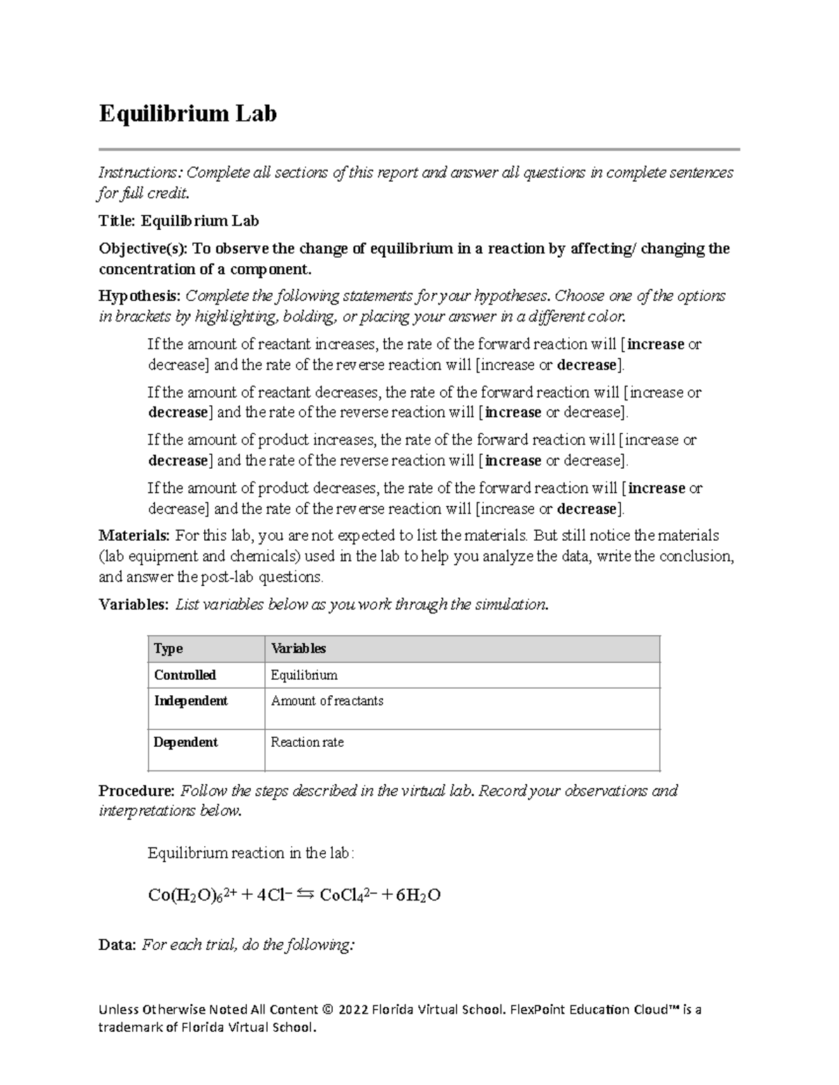 7.05 Equilibrium Lab Instructions and Observations for FLVS - Studocu