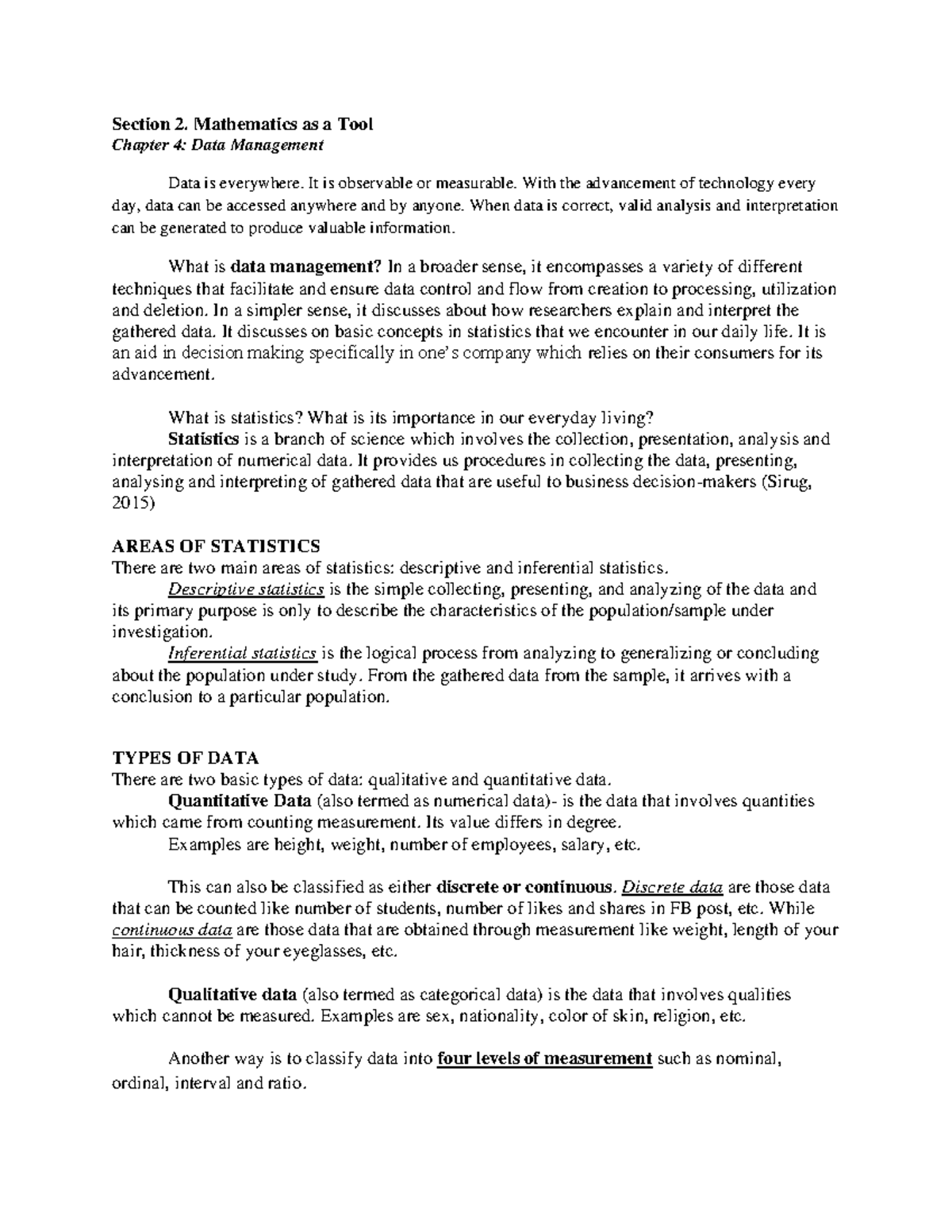 Mathematics as a Tool: Data Management Concepts in Chapter 4 - Studocu