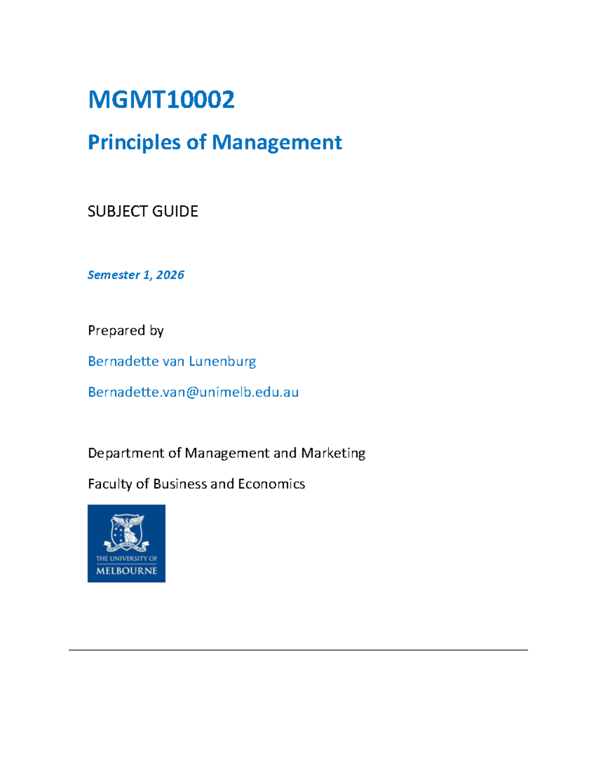 FBE Subject Guide: Principles of Management MGMT10002 S1 2026 - Studocu