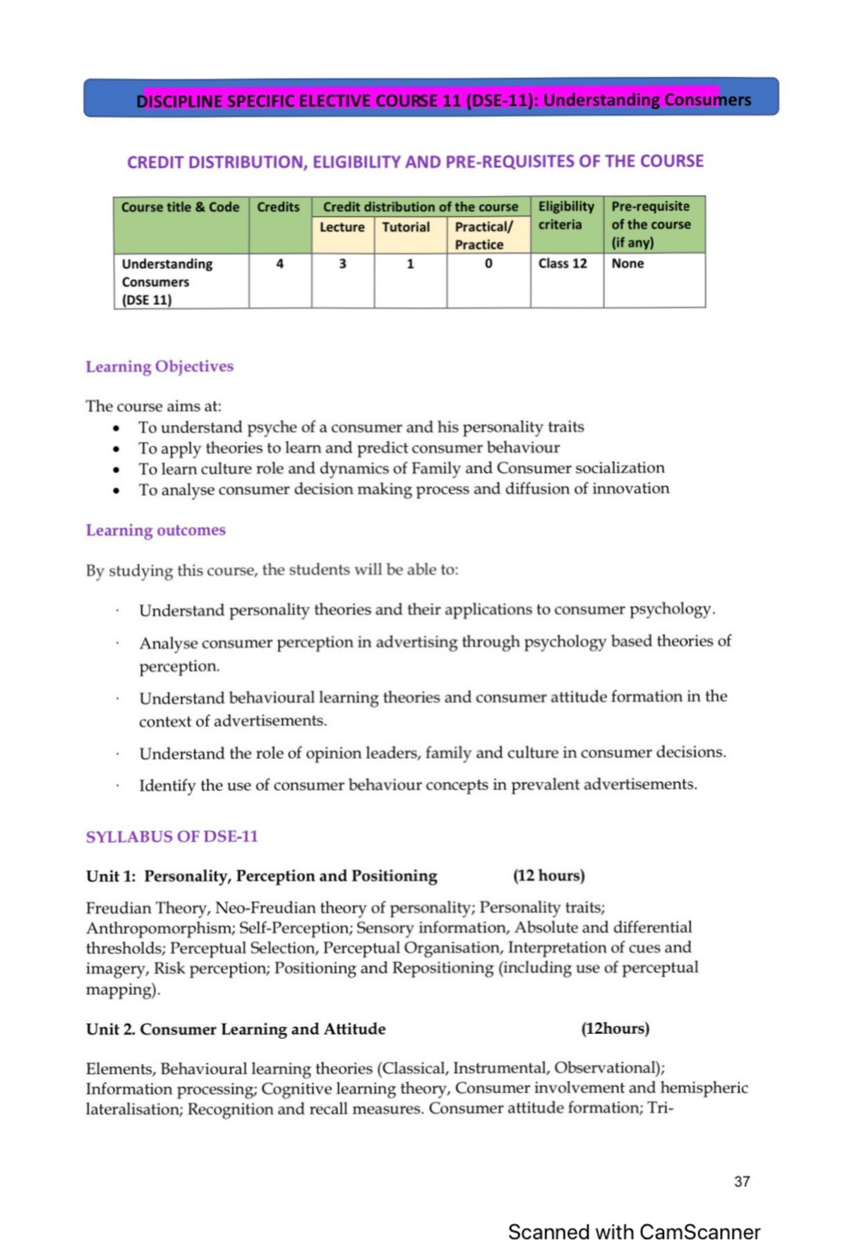 DSE 11 Understanding Consumers Syllabus and Learning Objectives - Studocu