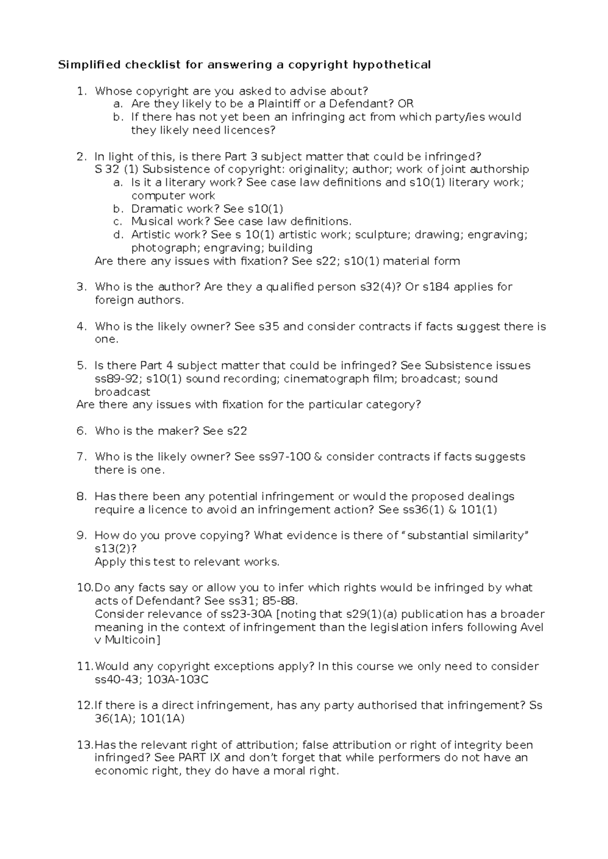 Copyright Hypothetical Checklist: Simplified Analysis Guide - Studocu